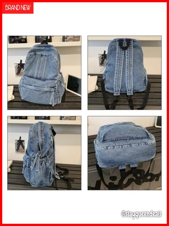 Vintage Distressed Denim Backpack, Y2K Preppy Casual Daypack, Lightweight main image 4